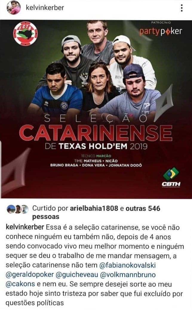 Post de Kelvin Kerber sobre a convocação da Seleção Catarinense de Poker