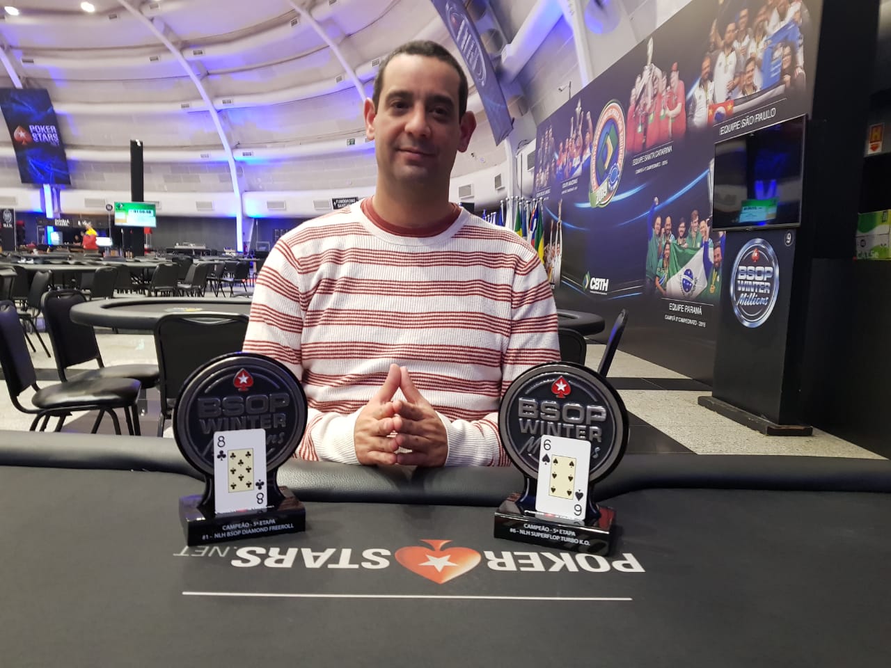 José Arenstein e os dois troféus conquistado no primeiro dia do BSOP Winter Millions