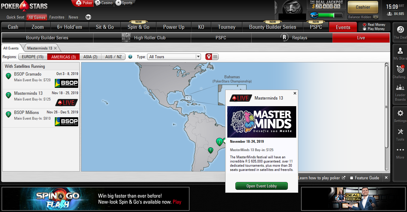 Lobby do PokerStars com satélite do MasterMinds 13