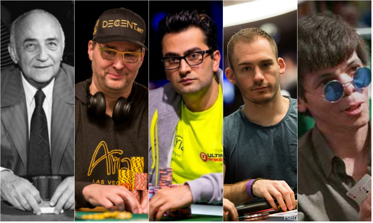 Johnny Moss, Phil Hellmuth, Antonio Esfandiari, Justin Bonomo e Stu Ungar