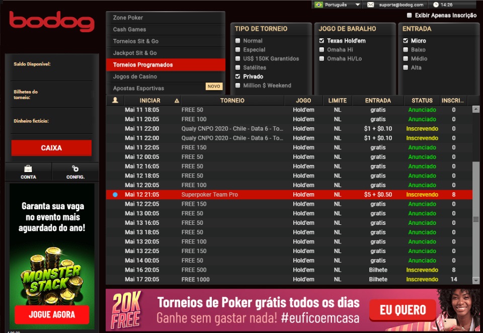 SuperPoker Team Pro no lobby do Bodog