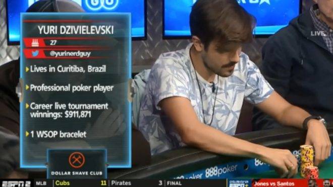 Yuri Martins na mesa da TV no Main Event da WSOP (Imagem: ESPN)