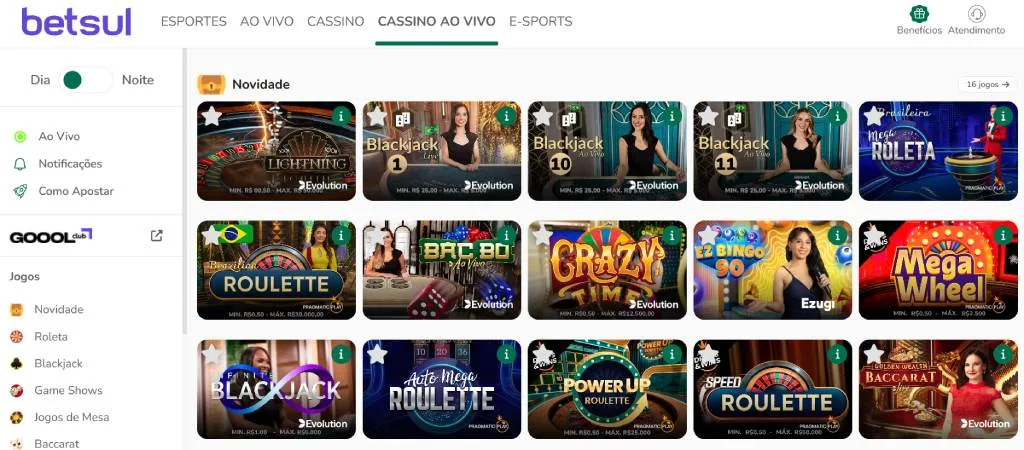 Betsul Cassino Ao Vivo catálogo