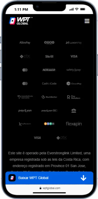 Métodos de pagamentos aceitos no app da WPT Global