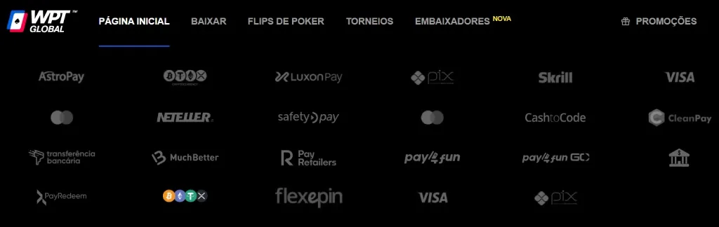 WPT Global Métodos Pagamento