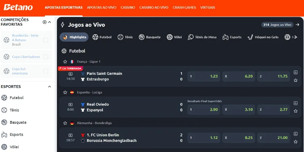Mercados esportivos disponíveis