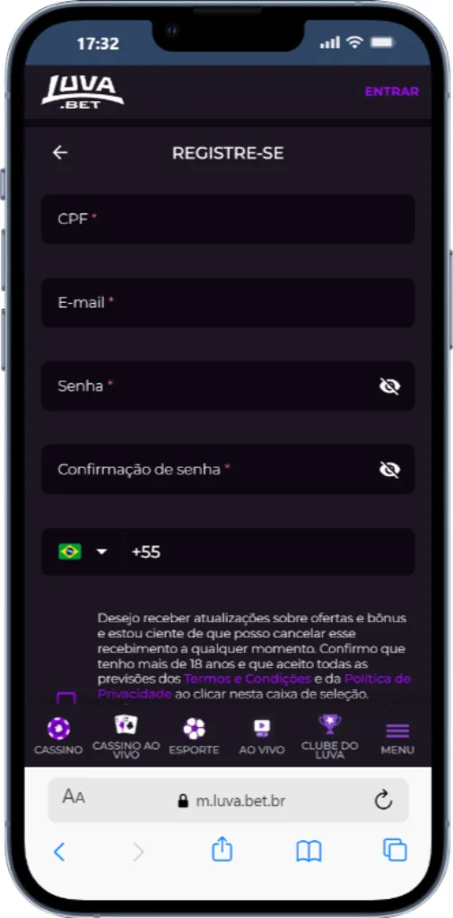 Registro Mobile LuvaBet Como criar uma conta pelo Luva.bet app